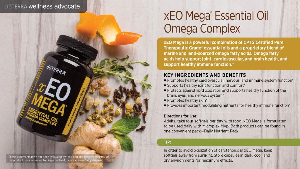 Doterra's xEO Mega supplement and info chart