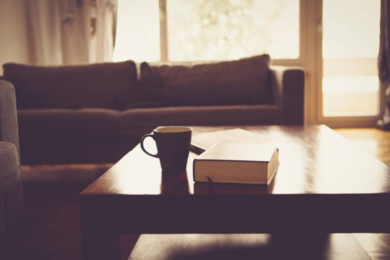 living room area, view zoomed in on maroon couch and coffee table