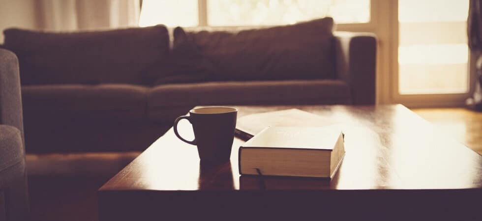 living room area, view zoomed in on maroon couch and coffee table